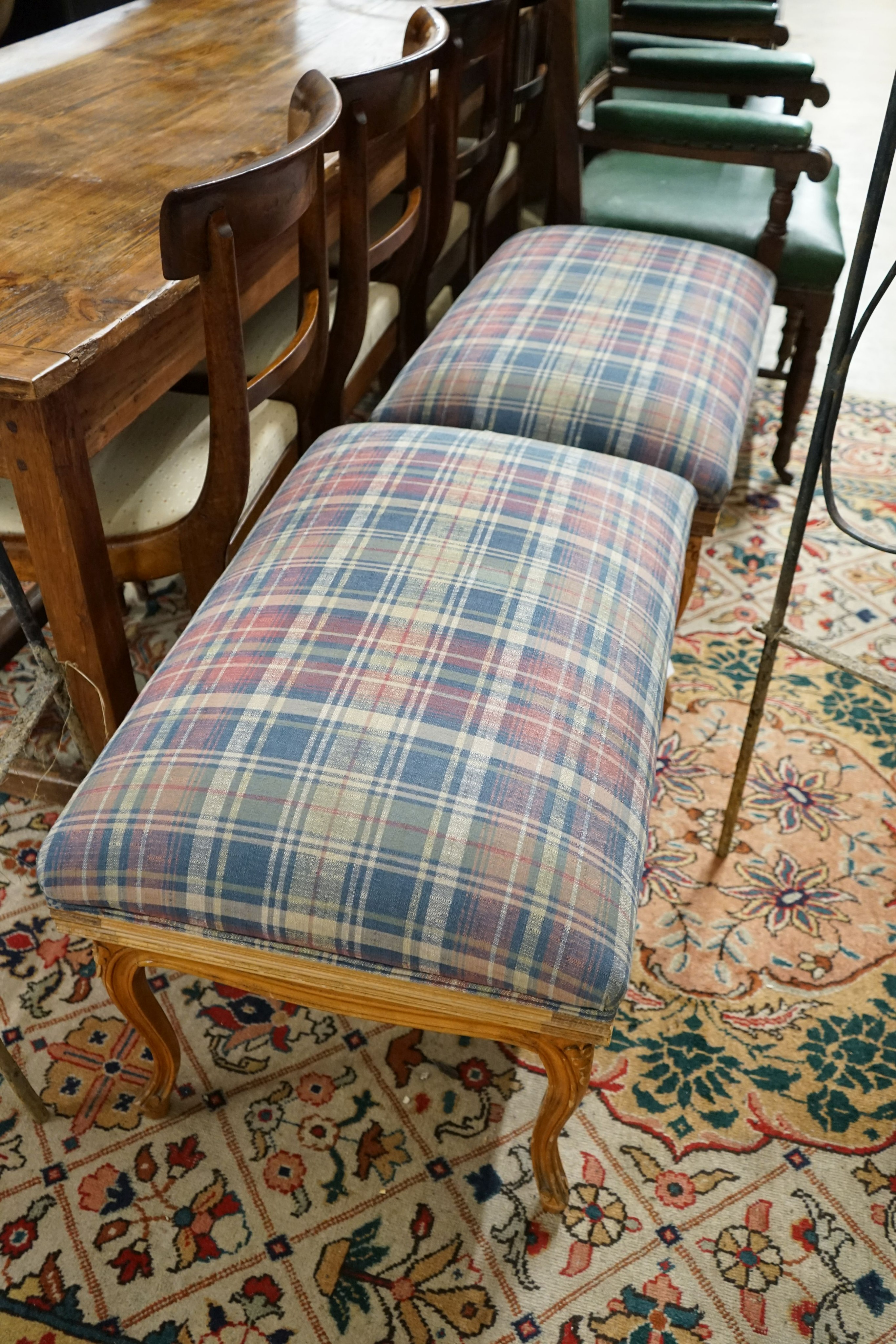 A pair of French carved beech upholstered stools combined luggage racks, width 80cm, depth 50cm, height 46cm